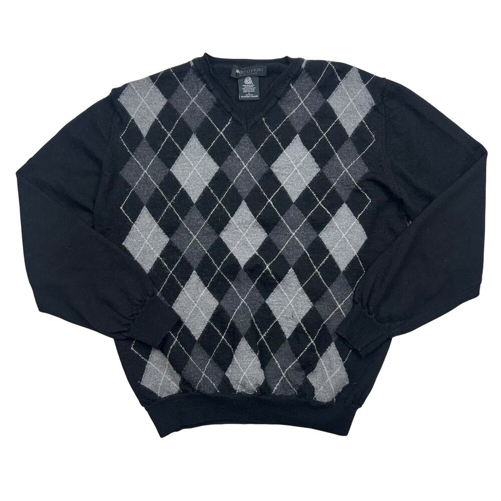 Marco Fiori Mens Merino Wool Sweater Argyle V Neck Black Gray Made Italy